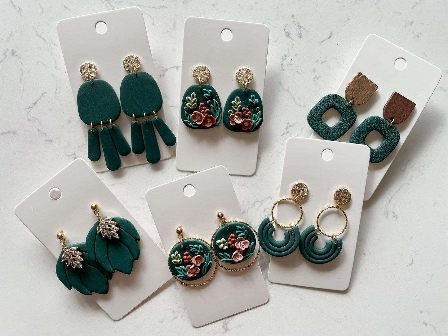 Handmade Dark Green Circle Floral Polymer Clay Earrings