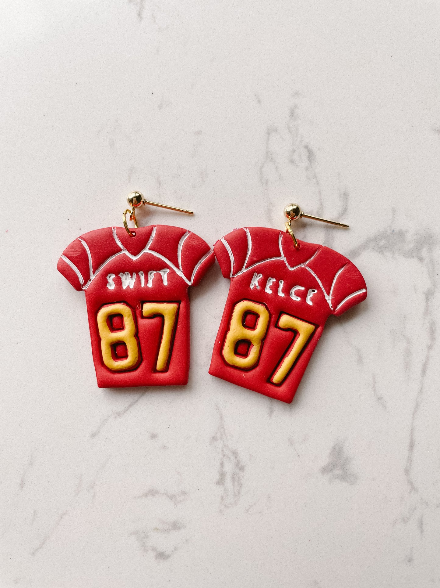 Taylor Swift and Travis Kelce Chiefs Jerseys - Polymer Clay Earrings - Chiefs Earrings