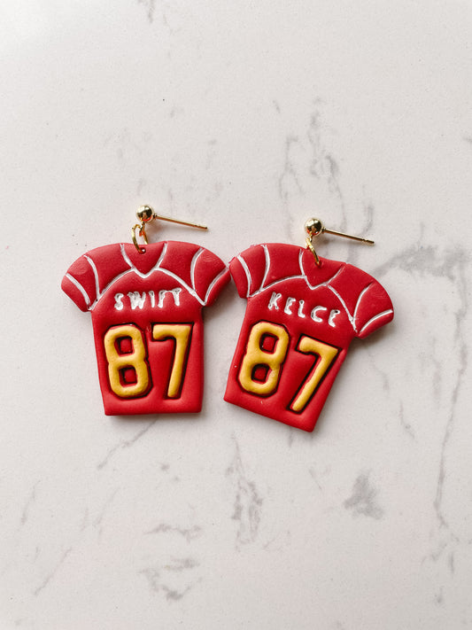 Taylor Swift and Travis Kelce Chiefs Jerseys - Polymer Clay Earrings - Chiefs Earrings