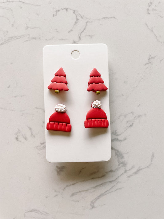 Red Christmas Tree and Christmas Hat Clay Stud Earrings