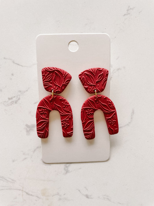 Neutral Red Arch Polymer Clay Earrings With Embossed Floral Detail