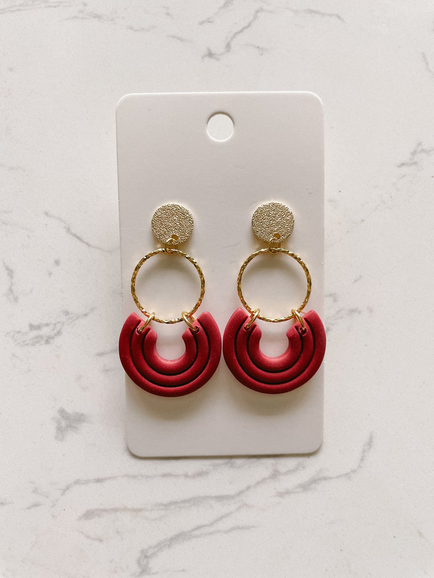 Red Polymer Clay Earring With Gold Circle Detail