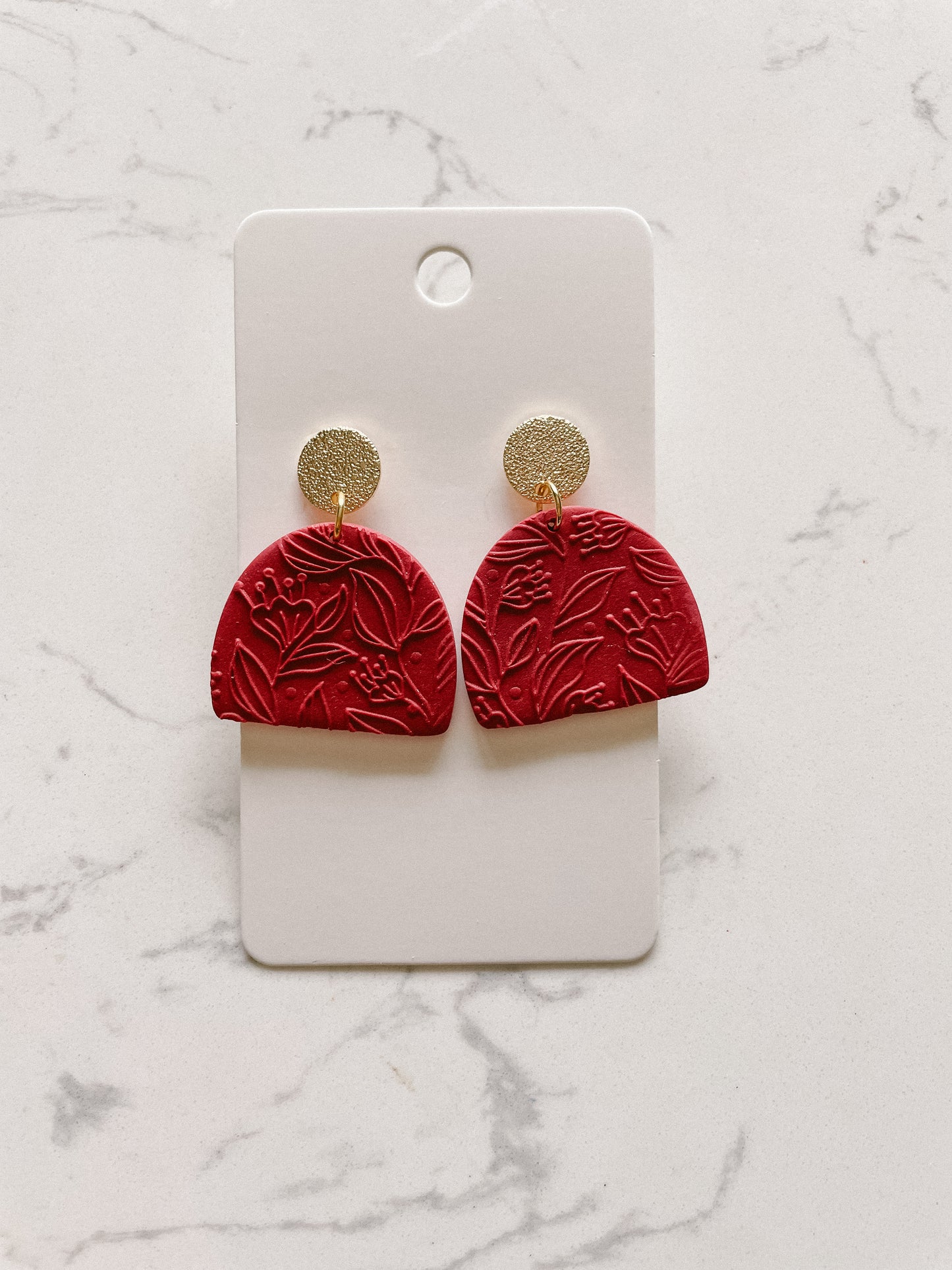 Red Neutral Polymer Clay Earring With Floral Detail