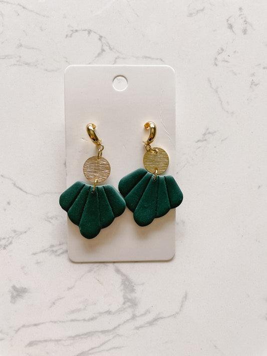 Deep Green Polymer Clay Shell Earring With Gold Details