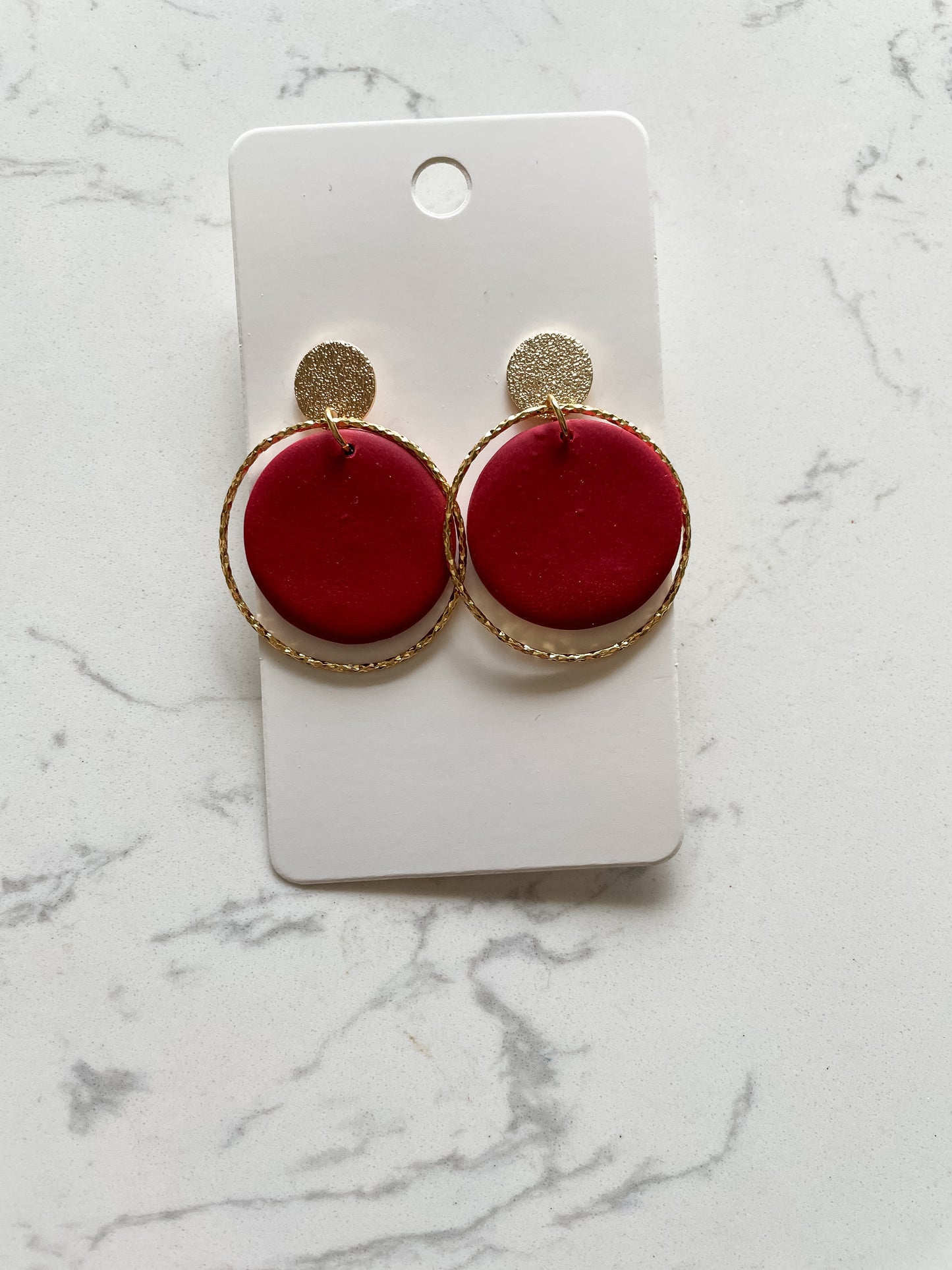 Red Neutral Circle Polymer Clay Earrings With Gold Detail