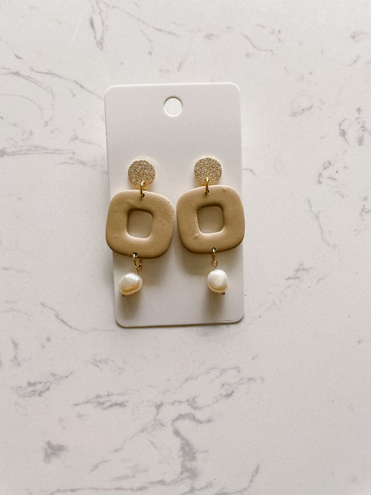 Tan Neutral Square Polymer Clay Earrings with Pearl Detail