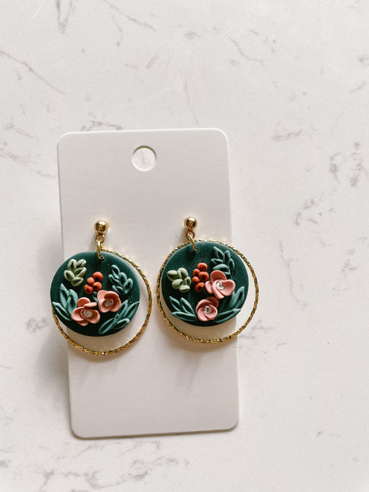 Handmade Dark Green Circle Floral Polymer Clay Earrings