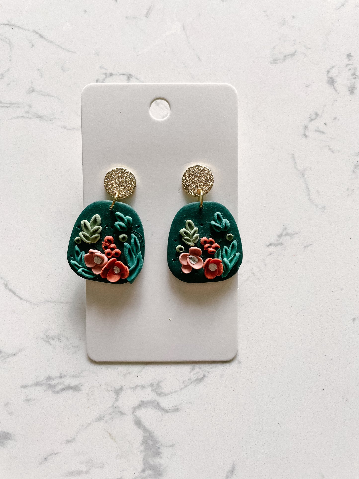 Dark Green Floral Handmade Polymer Clay Earring