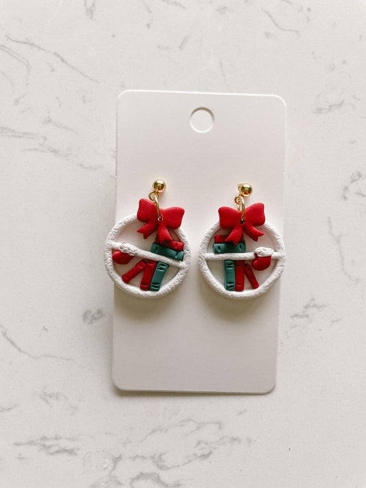 Polymer Clay Christmas Bookshelf Earrings for Book Lovers | Readers | Red Bow