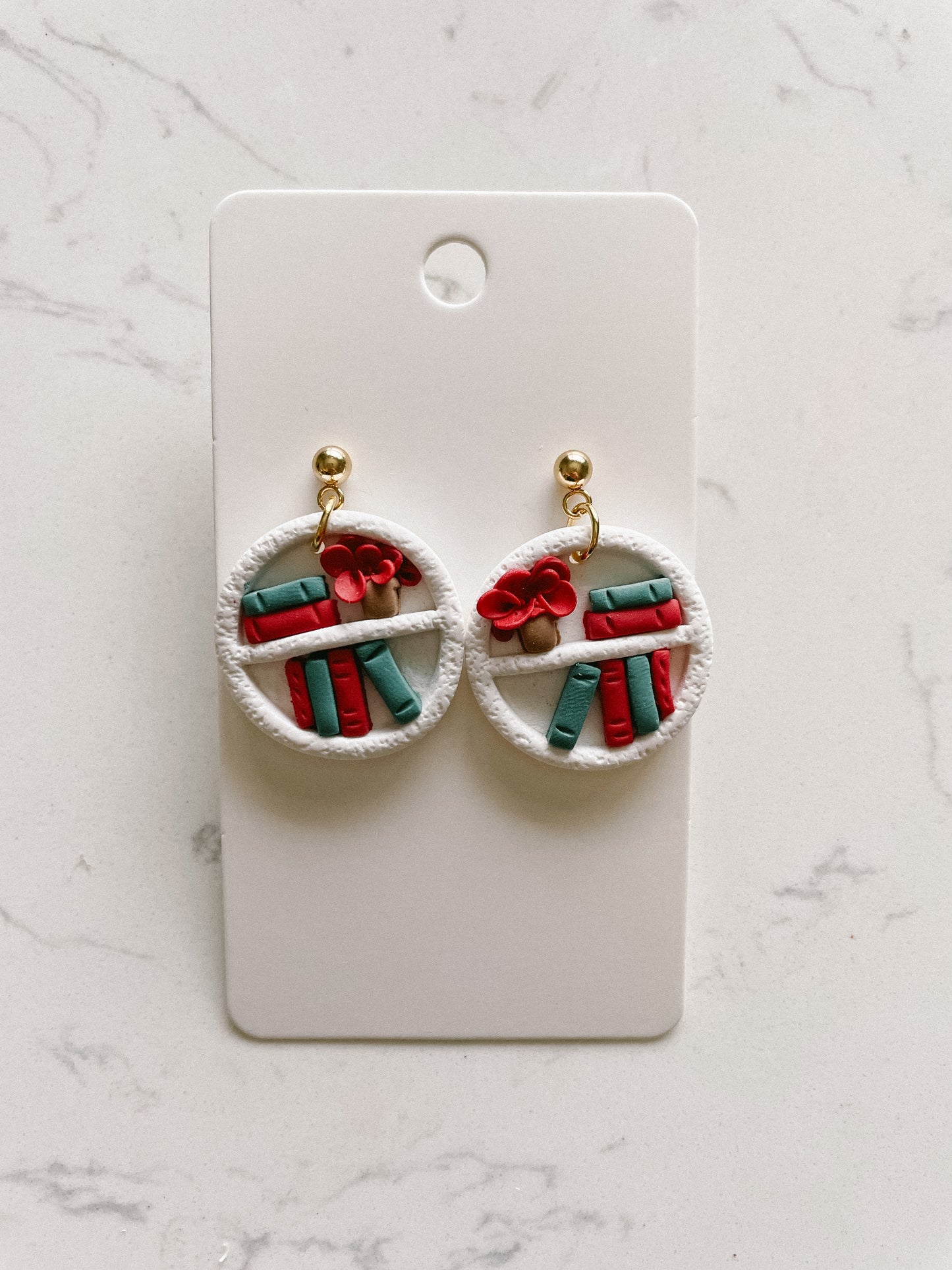 Christmas Polymer Clay Bookshelf Earrings for Book Lovers | Red Flowers